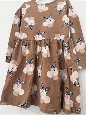 H&M Brown Mouse Print Long-Sleeve Dress with Pink Accents